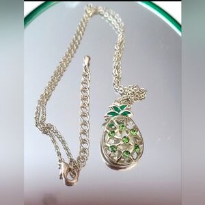 Elegant Silver and Green Pineapple Pendant Necklace 16" + 2 " Ext NEW